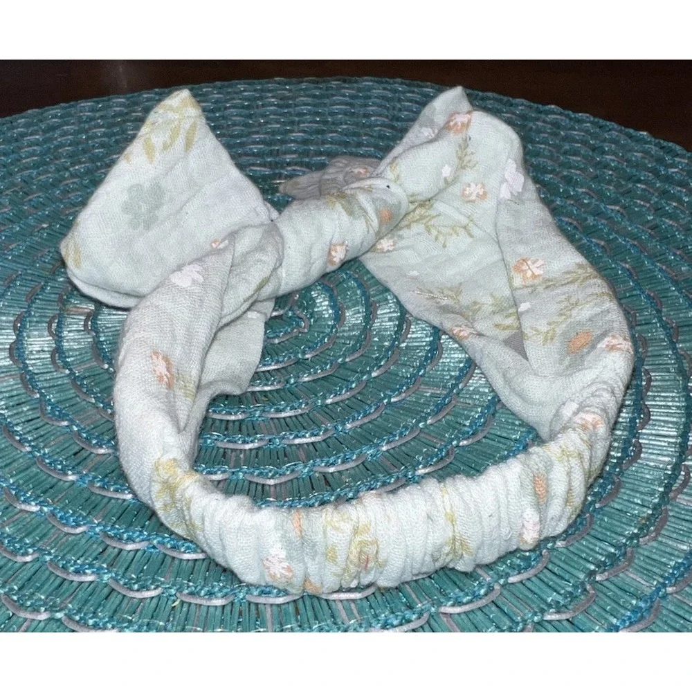 Catherine Malandrino Floral Baby Headband Bow Mint Green 100% Cotton EUC
